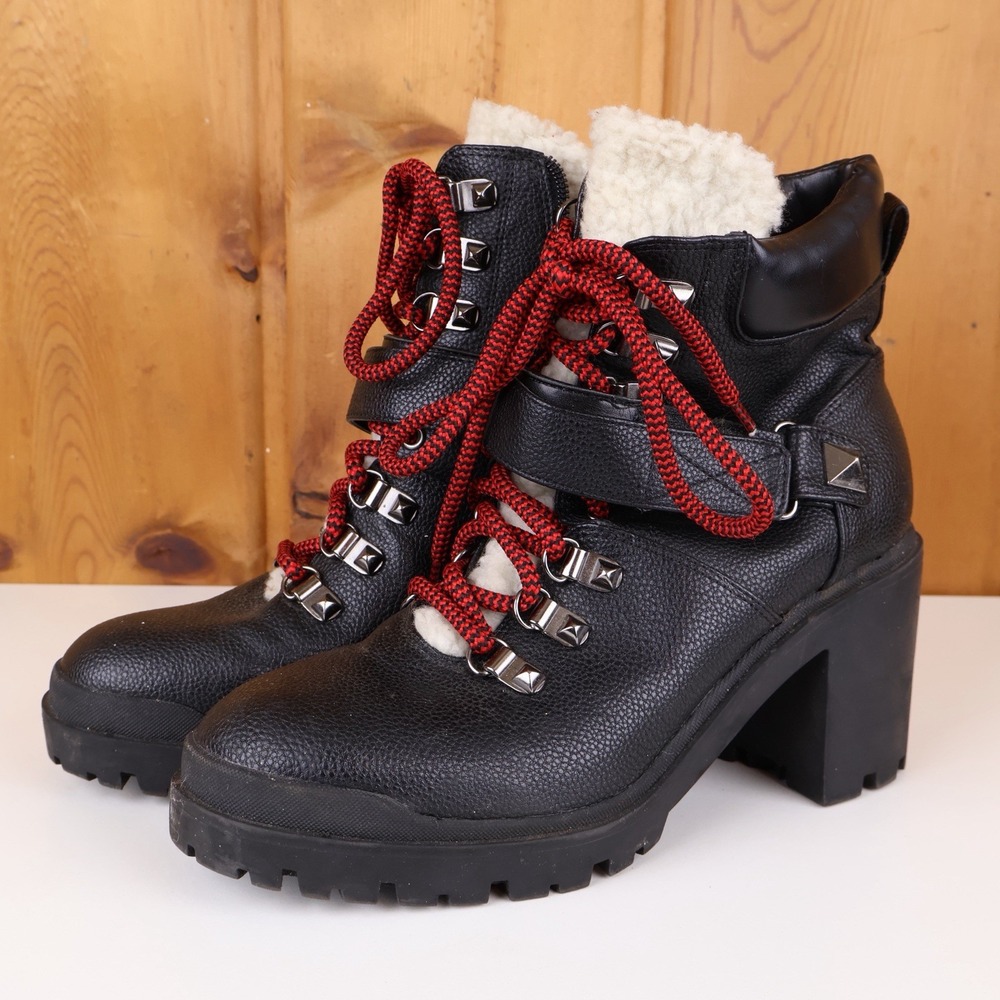 Marc Fisher Womens 8 Black Heeled Combat Boots Lug Sole Sherpa Lace Up